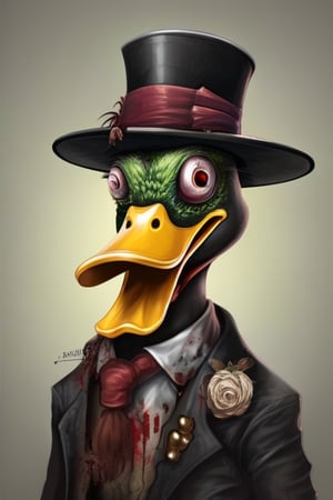 Zombiefied duck wearing black hat