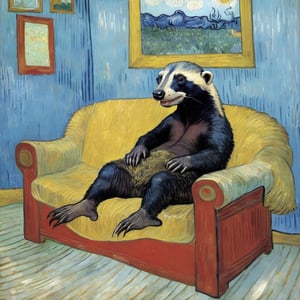 v0ng44g, p14nt1ng, fabulous painting of Honey badger watching the TV on the couch, van gogh style