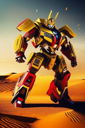 A gold, yellow and red Leo-themed male mech warrior transformer in mode charges through the chaos of a battlefield in the desert.,(best quality,ms_puiyi 