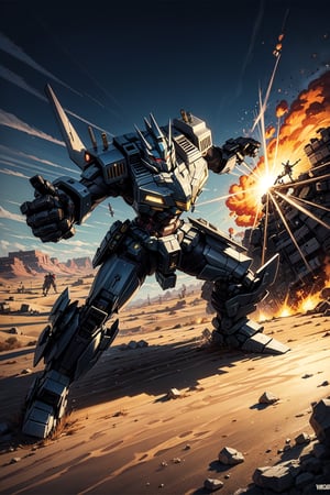 A yellow mech warrior transformer charges through the chaos of a battlefield in the desert.,(best quality.