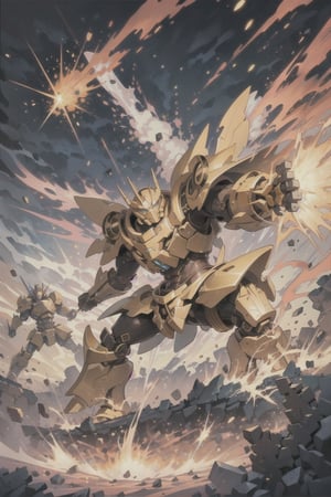 A gold, yellow and red Leo-themed male mech warrior transformer charges through the chaos of a battlefield in the desert.,(best quality