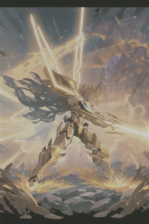 A fierce, golden-tan male mech warrior charges through the chaos of a battlefield in the desert, his robotic frame rippling with toned muscles as he wields a massive, 
stylized fantasy weapon. His body is adorned with intricate, glowing body paint in a Leo logo, 
marking him as a powerful and fearsome hero with metal wings