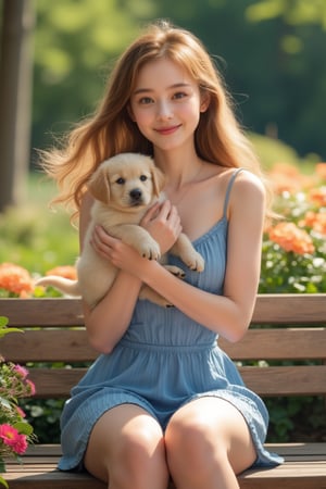 A beautiful korean girl wearing sexy blue mini sundress, the dress is very short just below her buttock, sitting front view on a bench of beautiful flowery garden. She's hugging a cute golden retriever puppies near her face. The girl has slender body, long legs, smile, flowing windy hair, blond long wavy hair, 8K, masterpiece, hyper realistic, ultra realistic, ultra detailed, highly detailed, awesome natural light