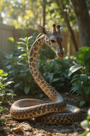 A 3D render of a hybrid creature with the head of a giraffe and the body of a anaconda snake. coiling elegantly on the ground. The setting is a home garden with dappled sunlight,filtering through the leaves, highlighting the creature's unique anatomy and emphasizing its dual nature. The atmosphere is both enchanting and slightly eerie, capturing the essence of this extraordinary hybrid animal.