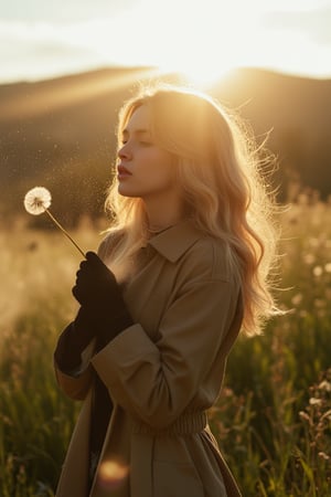 A portrait of a beautiful russian young girl, 20 years old, side view, light ash blond long wavy hair, windy hair, she's wearing khaki trench coat, a black tshirt inside top coat, she's blowing dandelions flower, lots of white powder ethereal particles was flying around her. Backlight sunset, beautiful sunset and green mountain behind, on flowery meadow. She's also wearing black gloves, misty and cold on location. looking at the dandelion flower, depth of field, dramatic lighting. The hot light from behind creates a soft, golden glow around her figure, highlighting the curves of her body in a delicate and sensual manner, ultra sharp focus, close up, blured background, high contrast, capturing the natural beauty of the moment with a focus on the interplay of light and shadow