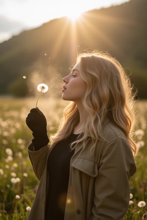 A portrait of a beautiful russian young girl, 20 years old, side view, light ash blond long wavy hair, windy hair, light smile, she's wearing khaki trench coat, a black tshirt inside top coat, she's blowing dandelion flower, lots of white powder ethereal particles was flying around her. Backlight sunset, beautiful sunset and green mountain behind, on flowery meadow. She's also wearing black gloves, misty and cold on location. looking at the dandelion flower, depth of field, dramatic lighting. The hot light from behind creates a soft, golden glow around her figure, highlighting the curves of her body in a delicate and sensual manner, ultra sharp focus, close up, blured background, high contrast, capturing the natural beauty of the moment with a focus on the interplay of light and shadow