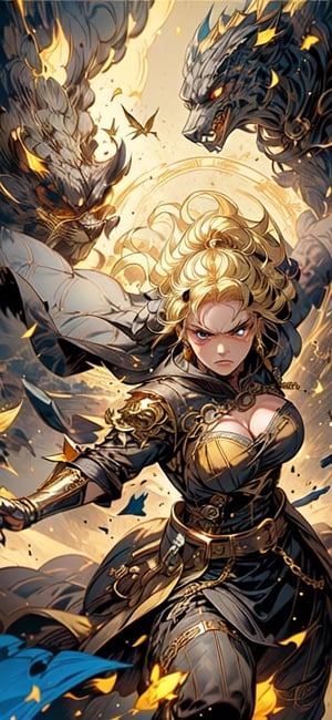 She has an angry look on her face. Blonde hair and blue eyes. She wears a steampunk renaissance dress with golden details. She is chargind into battle, dust and debris fly into the air as she leaps foward. She's fierce and confident. Cinematic lighting, dynamic pose, dynamic angle, perfect composition all create an epic battlefield.