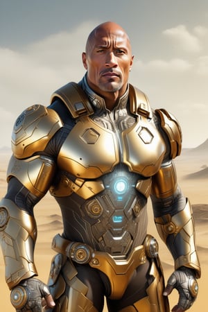Full body, photo realistic Cyborg (Dwayne Johnson) as rusty man robot character, white and gold, silver, shiny android showing cracked inner workings, ultra intricate skin, carved armor, tough look, perfect symmetrical eyes, best quality, face sharp focus, post apocalyptic, cinematic, realistic, trending artstation, details, desert punk, by Greg Rutkowski, Tom Bagshaw, Esao Andrews, Tara McPherson, Loundraw, space colony, science fiction art, eastern city, detailed realistic wasteland , intricate, isometric, 3d rendering, volumetric octane, SF, artwork masterpiece, golden ratio,