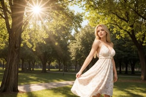 masterpiece, best quality, ultra high res, beautiful blonde woman, 20 years old, sun dress, light showing through dress, twirlling in beautiful park, cleavage