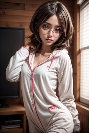 ,best quality,best quality,cute anime face, wearing glasses, megane, high resolution,super detailed skin,  2cute girls,young,messy hair, Authentic skin texture,,(multiple girls) fluffy animal kigurumi pajamas petite,curvy ,flat chest,tiny breasts