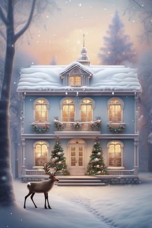 House, villa, romantic, in Shabby Chic style, large windows from which you can see the falling snow, decorations and Christmas trees, reindeer, fireworks light up the trees, happy new year