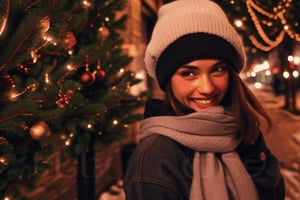 Beautiful and realistic girl, neck wrapped in a scarf, black eyes and smile, woolen headdress, standing on the sidewalk, snowing, colored lights and Christmas trees