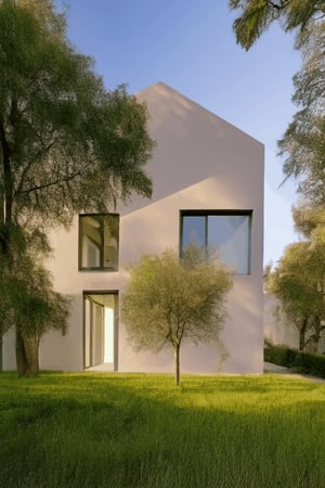 Beautiful house on a hill, windows, trees, courtyard and wall, white facade, living room interior