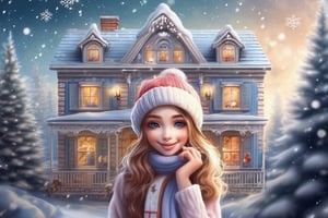 House, villa, romantic, in Shabby Chic style, large windows from which you can see the falling snow, decorations and Christmas trees, reindeer, fireworks on the sky background, happy new year writing sign in the hand of a smiling girl