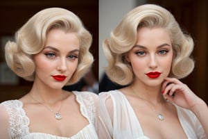 BEAUTIFUL, REALISTIC WOMAN, EYES AND HAIR. Very light and elegant blonde bob. wavy hair in big curls, red lipstick ON THE LIPS, GRAY EYES, BLONDE EYEBROWS, LIKE MARILIN MONROE, ,Marilyn's cut is the classic voluminous layered bob with styling, i.e. the must have of the 50s, light ivory cocktail dress in the style of those in fashion between the fifties and sixties AS IN THE FILM
When the wife is on vacation