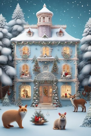 Romantic house, villa, in Shabby Chic style, large windows from which you can see the falling snow, adorned with Christmas trees, cozy house, forest animals stop outside in the courtyard, cubierto with sabbat and soft beaded manta ray, light blue, smile, regular and perfect beaks, flower crown, Christmas decorations and trees, deer, hedgehog, rabbit, dog, cat, bird, snake, bear