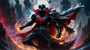 Ultra-Wide angle shot, photorealistic of gothic medieval of thrilling fusion blend between (Spider-Man) and (Spawn), resulting in a new character that embodies elements of both, seeBlack ink flow: 8k resolution photorealistic masterpiece: by Aaron Horkey and Jeremy Mann: intricately detailed fluid gouache painting: by Jean Baptiste Mongue: calligraphy: acrylic: colorful watercolor art, cinematic lighting, maximalist photoillustration: by marton bobzert: 8k resolution concept art intricately detailed, complex, elegant, expansive, fantastical, psychedelic realism, dripping paint, DonML1quidG0ldXL ,oni style,cyberpunk style