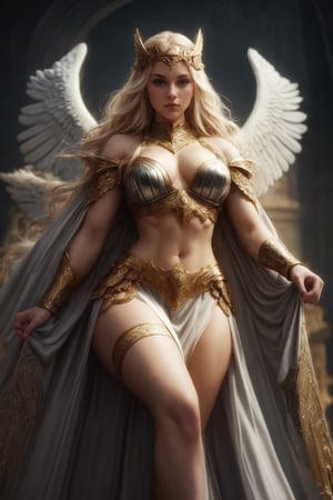 "Inspired by Norse mythology, I would like to commission a breathtaking image of a stunning Valkyrie. The Valkyrie should be depicted in a realistic style, with intricate details capturing the beauty of her hands and feet. The image should showcase her entire body, emphasizing her graceful curves. I'm looking for the highest quality artwork that truly brings the Valkyrie to life. Please ensure that every aspect of the image exudes elegance and realism, paying meticulous attention to the finest details."