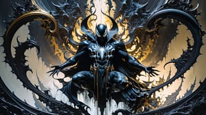 Ultra-Wide angle shot, photorealistic of gothic medieval of thrilling fusion between Ispiderman and Venom, resulting in a new character that embodies elements of both, people, seeBlack ink flow: 8k resolution photorealistic masterpiece: by Aaron Horkey and Jeremy Mann: intricately detailed fluid gouache painting: by Jean Baptiste Mongue: calligraphy: acrylic: colorful watercolor art, cinematic lighting, maximalist photoillustration: by marton bobzert: 8k resolution concept art intricately detailed, complex, elegant, expansive, fantastical, psychedelic realism, dripping paint