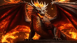 (masterpiece), ((best quality + highres + stunning art)), (aesthetic + beautiful + harmonic), {{Floating fire magic and a burst of flames}}, ((cinematic lighting + dynamic angle), ray tracing, ((very aesthetic)), (symmetrical intricate details + sharpen symmetrical details), (((face closeup:1.5)) of the gelid dragon, a dragon with its scales engraved with fire intricate details, imposing and flames wings, a glowing and hot stare, inside its fire lair that no one dares to enter),realistic