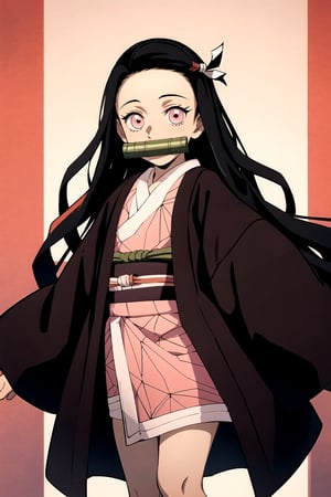 wear the nezuko costume,black hair,PING eyes,cute,tiny girl,japanese,kimetsu no yaiba,not tied,Pink Eyes,wear bamboo in the mouth,there is a hint of orange under his hair