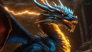 (masterpiece), ((best quality + highres + stunning art)), (aesthetic + beautiful + harmonic), {{Floating thunder magic and a burst of thunder}}, ((cinematic lighting + dynamic angle), ray tracing, ((very aesthetic)), (symmetrical intricate details + sharpen symmetrical details), (((face closeup:1.5)) of the gelid dragon, a dragon with its scales engraved with lighting intricate details, imposing and lightning wings, a glowing and hot stare, inside its ray lair that no one dares to enter),realistic