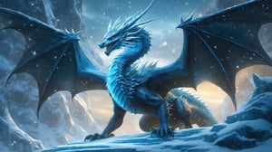 (masterpiece), ((best quality + highres + stunning art)), (aesthetic + beautiful + harmonic), {{Floating ice magic and a burst of blizzard}}, ((cinematic lighting + dynamic angle), ray tracing, ((very aesthetic)), (symmetrical intricate details + sharpen symmetrical details), (((face closeup:1.5)) of the gelid dragon, a dragon with its scales engraved with frozen intricate details, imposing and frozen wings, a glowing and cold stare, inside its frozen lair that no one dares to enter),oil paint