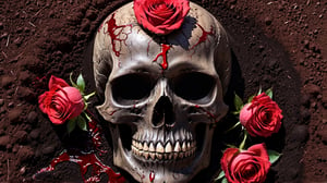  create a photo realistic image of human black skull ingrown by red rose and slashed by blood,skull burried in dark dirt.