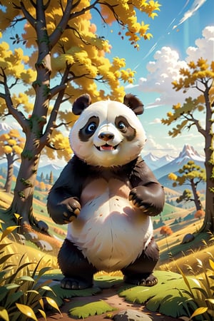 mid_shot,absurdres,3d cartoon style ,Head-up perspective, autumn scene, grassland, yellow trees, a cute giant panda under the tree, sky, golden fields in the distance