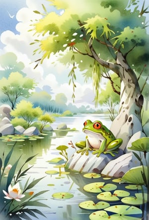 Pond, frog, white sky, willow tree
Chinese watercolor style,
watercolour,shuimobysim,watercolor,shuicaixiaodian,mythical clouds