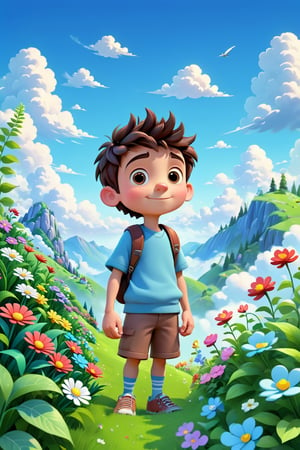 In a 3D cartoon style, cute cartoon 
hillside and watched the outdoor outdoors in the distance, the ((flowers)) and plants were lush, the blue sky and white clouds, happy
