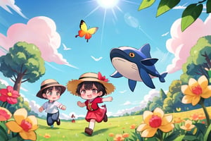 A diverse group of children is joyfully flying kites on a lush green meadow. In the center, there is an Asian girl wearing a sun hat, concentrating on flying a multicolored kite shaped like a phoenix. Next to her is a beaming African-American boy, holding a massive blue kite shaped like a whale. In the background, a Caucasian boy is running, attempting to get his red dragon-shaped kite into the sky. Nearby, a Latina girl sits on the grass, repairing her yellow butterfly-shaped kite. The backdrop consists of a bright blue sky adorned with a few white clouds, with warm and radiant sunlight. In the distance, you can see a line of trees and a small hill, adding tranquility and depth to the scene.