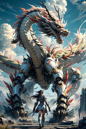 Best quality,masterpiece,ultra high res,nu no humans, (long:1.2), 1girl, solo, weapon, sword, long hair, science fiction, ponytail, armor, brown hair, holding, ((Mecha Chinese dragon)), holding weapon, cyberpunk, holding sword, walking, black hair, standing, lips, solo,dragon,cloud, sky, open mouth, horns, fangs, outdoors, mountain, scales, eastern dragon, sharp teeth, cloudy sky, day, teeth, flying, fire,mecha