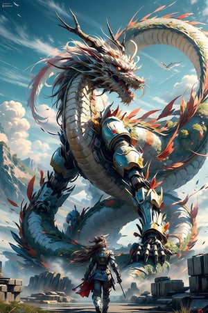 Best quality,masterpiece,ultra high res,nu no humans, (long:1.2), 1girl, solo, weapon, sword, long hair, science fiction, ponytail, armor, brown hair, holding, ((Mecha Chinese dragon)), holding weapon, cyberpunk, holding sword, walking, black hair, standing, lips, solo,dragon,cloud, sky, open mouth, horns, fangs, outdoors, mountain, scales, eastern dragon, sharp teeth, cloudy sky, day, teeth, flying, fire,mecha