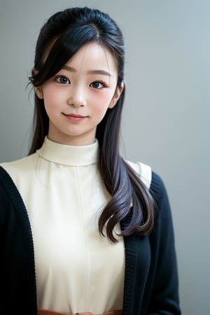 A masterpiece of a 6-year-old Japanese girl in a kindergarten, Very detailed, Full-body portrait, Standing with a slight smile, Wearing long pants and a cute off-the-shoulder knit sweatshirt, Black long hair, Symmetrical face, Realistic features, Big bright eyes with double eyelid, Innocent and curious expression, Soft and natural lighting, Gray background, Semi-backlit, Age 6.
