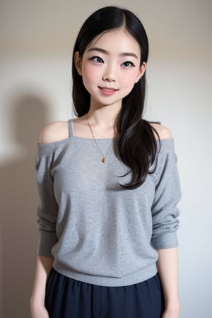 A masterpiece of a 6-year-old Japanese girl in a kindergarten, Very detailed, Full-body portrait, Standing with a slight smile, Wearing long pants and a cute off-the-shoulder knit sweatshirt, Black long hair, Symmetrical face, Realistic features, Big bright eyes with double eyelid, Innocent and curious expression, Soft and natural lighting, Gray background, Semi-backlit, Age 6.