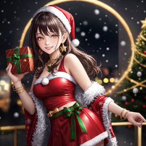 Best quality  HD, 8K, cute girl , age 20 , detailed face, fair skin, smiling, yellow eyes, charming eyes, golden bangles, earings,wearing Christmas costume, in red skirt, background christmas, 8k quality, eye catching, attractive, christmas box, hd quality, camera shot