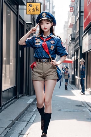 What we are looking at is a full-body panoramic photo, and the woman in the photo is particularly touching. She is only 22 years old and is already a model-like Scout of the Republic of China. She has a delicate face, a charming smile like Lin Chiling, and an extremely perfect figure. She was wearing a modern standard Boy Scout uniform, with a wooden badge representing honors on her left chest, a wooden badge scarf around her neck, a Boy Scout hat on her head, and a Boy Scout stick in her hand. It was really standard. She is doing the Boy Scout three-finger salute, and in her gesture you can see the core values ​​of the Scouts – bravery, loyalty and service. Today is March 5th, Boy Scout Day. This is an important day to showcase the Scout culture and its achievements to the world. The Baden-Powell badge she wears on her heart is the highest tribute to the founder of the Boy Scout movement who came across the sea. Overall, this photo shows a youthful, energetic and enthusiastic young woman who is the best representative of the contemporary Boy Scouts of the Republic of China. Full of energy, confidence, and always carrying the spirit of Scouting.