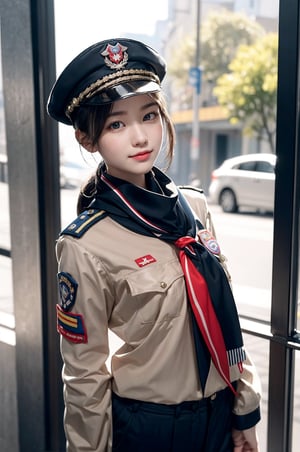 What we are looking at is a full-body panoramic photo, and the woman in the photo is particularly touching. She is only 22 years old and is already a model-like Scout of the Republic of China. She has a delicate face, a charming smile like Lin Chiling, and an extremely perfect figure. She was wearing a modern standard Boy Scout uniform, with a wooden badge representing honors on her left chest, a wooden badge scarf around her neck, a Boy Scout hat on her head, and a Boy Scout stick in her hand. It was really standard. She is doing the Boy Scout three-finger salute, and in her gesture you can see the core values ​​of the Scouts – bravery, loyalty and service. Today is March 5th, Boy Scout Day. This is an important day to showcase the Scout culture and its achievements to the world. The Baden-Powell badge she wears on her heart is the highest tribute to the founder of the Boy Scout movement who came across the sea. Overall, this photo shows a youthful, energetic and enthusiastic young woman who is the best representative of the contemporary Boy Scouts of the Republic of China. Full of energy, confidence, and always carrying the spirit of Scouting.