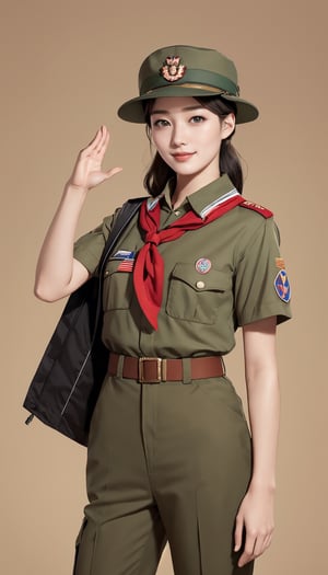 When the camera focuses on this 22-year-old woman, what we see is a very representative Boy Scout. She is as slender as a model, with a charming smile like Lin Chiling's, but her eyes contain determination and perseverance. She wore green Scout trousers, a khaki short-sleeved Scout uniform, and a Scout hat, showing off her overall style. The wooden badge on the brooch proves her important position in the Scout organization of the Republic of China, and the wooden badge scarf symbolizes the special role she plays. She held the Boy Scout stick tightly in one hand and made the standard three-finger salute of the Boy Scouts with the other hand, showing her loyalty to the Scout ideals. This day happens to be March 5th, and people celebrate Scouting Day all over the world. Her costume also features the Baden-Powell badge, which is a tribute to the founding place of the global Scout movement. Her full-body panoramic photo is undoubtedly an excellent visual letter, showing the spirit of the Scout organization of the Republic of China. Beauty, determination and loyalty are all fully reflected in this young woman.