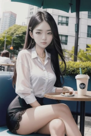 A 30-year-old Taipei woman who is also an e-commerce CEO was captured drinking coffee in an outdoor cafe on the streets of Taipei. She has shiny black and super long hair, delicate facial features, thick eyebrows and big eyes, showing her elegant temperament. In the leisurely afternoon, she sat outside the cafe, crossed her legs, and admired the surrounding scenery. She has a slim figure, fair and smooth skin, and exudes model-like temperament and charm. She has the domineering and self-confidence of a CEO, and a beautiful face similar to Lin Chiling's, showing a noble and elegant style. This photo taken with a wide perspective and high resolution shows a real-life scene, allowing the viewer to feel the reality and beauty of this moment. The female CEO is randomly shot, the female CEO turns randomly, the sun is bright, and there is a cake on the coffee table. with snacks