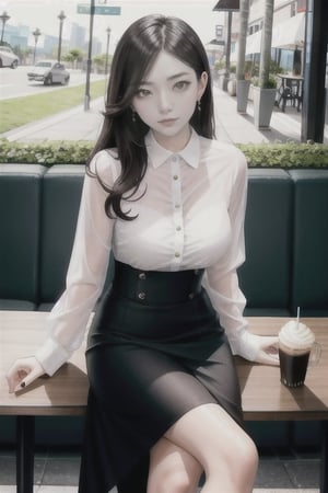 A 30-year-old Taipei woman who is also an e-commerce CEO was captured drinking coffee in an outdoor cafe on the streets of Taipei. She has shiny black and super long hair, delicate facial features, thick eyebrows and big eyes, showing her elegant temperament. In the leisurely afternoon, she sat outside the cafe, crossed her legs, and admired the surrounding scenery. She has a slim figure, fair and smooth skin, and exudes model-like temperament and charm. She has the domineering and self-confidence of a CEO, and a beautiful face similar to Lin Chiling's, showing a noble and elegant style. This photo taken with a wide perspective and high resolution shows a real-life scene, allowing the viewer to feel the reality and beauty of this moment. The female CEO is randomly shot, the female CEO turns randomly, the sun is bright, and there is a cake on the coffee table. with snacks