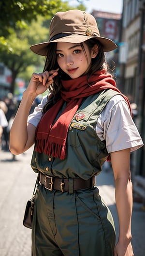 When the camera focuses on this 22-year-old woman, what we see is a very representative Boy Scout. She is as slender as a model, with a charming smile like Lin Chiling's, but her eyes contain determination and perseverance. She wore green Scout trousers, a khaki short-sleeved Scout uniform, and a Scout hat, showing off her overall style. The wooden badge on the brooch proves her important position in the Scout organization of the Republic of China, and the wooden badge scarf symbolizes the special role she plays. She held the Boy Scout stick tightly in one hand and made the standard three-finger salute of the Boy Scouts with the other hand, showing her loyalty to the Scout ideals. This day happens to be March 5th, and people celebrate Scouting Day all over the world. Her costume also features the Baden-Powell badge, which is a tribute to the founding place of the global Scout movement. Her full-body panoramic photo is undoubtedly an excellent visual letter, showing the spirit of the Scout organization of the Republic of China. Beauty, determination and loyalty are all fully reflected in this young woman.