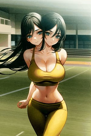 ((2heads:, conjoined_dicephalus1.5)), 1girl, young adult, black hair, long hair, hair between eyes, blue eyes, large breasts, yellow sports bra, yoga pants, looking at viewer, smile, running field, standing, windy, cowboy shot,conjoined_dicephalus