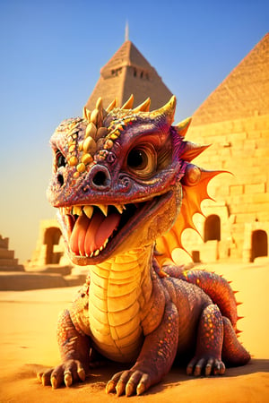 Dragon,Taj Mahal,on pyramid of egypt,laughing at eveyone,beautiful scenery,people shocked,3 people