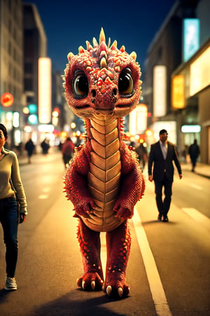 Dragon,urban City,walking on a busy road,people shocked,3 people