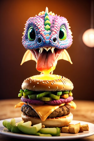Dragon,my house,inside a burger,dragon burger,chesse burger,dish,plate,screaming for its life,horrified,dragon inside burger