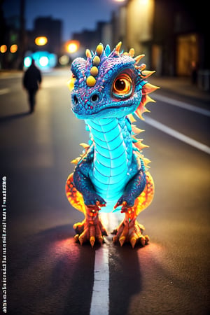 Dragon,urban City,walking on a busy road,people shocked,3 people
