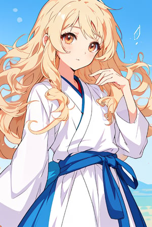 (masterpiece), (best quality) 1 girl solo, blonde hair, wavy hair, White hanbok, Brown eyes, blue sky (anime style)
