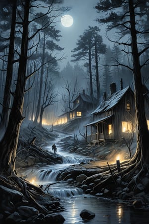 Transports viewers to a haunted, remote ghost town shrouded in darkness, where huge trees in a dark forested area behind the houses, water flowing from a small stream and spectacular apparitions hover among the swirling mist, evoking a sense of otherworldly horror. Tense, eerie, and dark only moonlight, candlelight, ink painting, illustration, photo-realistic, realistic, long shot